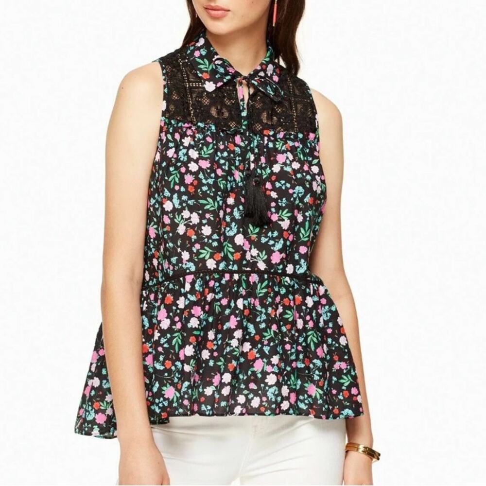 Kate Spade Greenhouse Black Floral Print Crochet Tiered Blouse Tank Size Small
